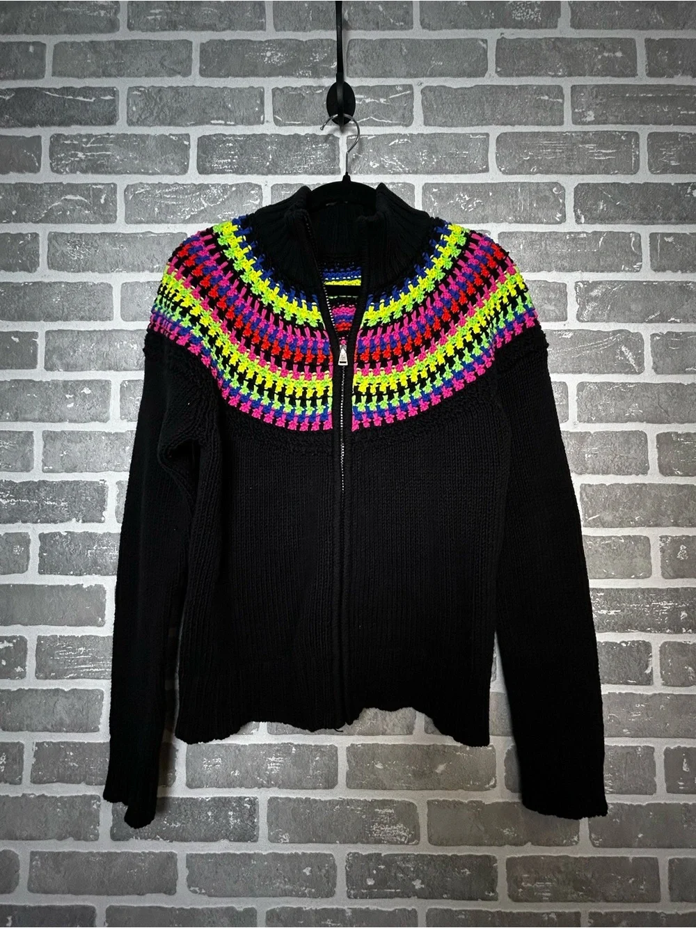 Lauren Ralph Lauren Neon Fair Isle Zip Sweater Black Cotton Y2K Apres Ski Cardig